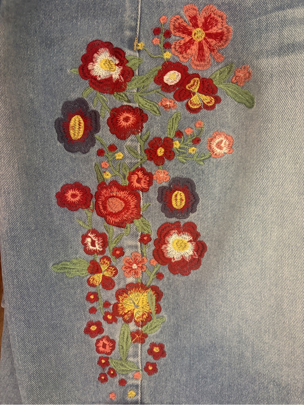 Women's Light Blue Jean Shorts has stretch  with Red Floral Embroidery